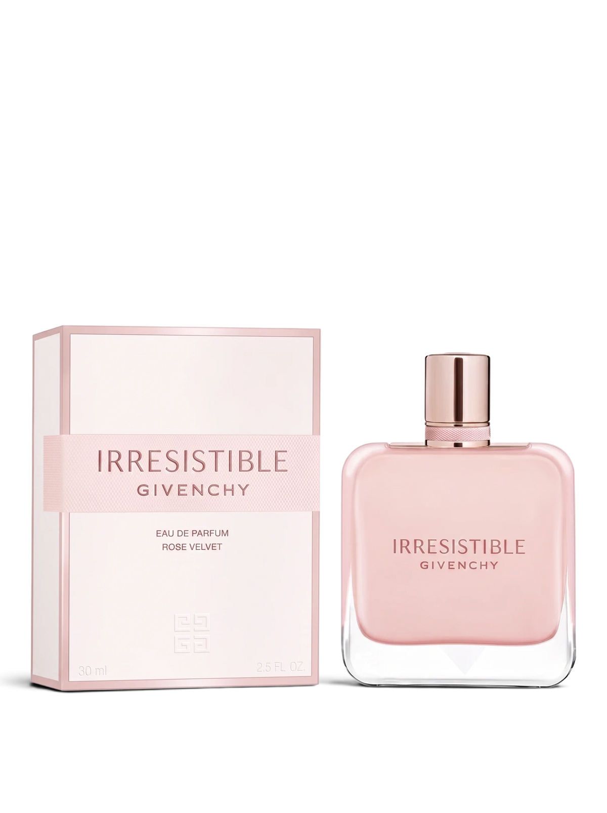 euaden Givenchy Irresistible Rose Velvet kadın parfümü, şık pembe cam şişesi ve uyumlu kutu tasarımı ile.