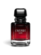 euaden Givenchy L'Interdit Elixir kadın parfümü, siyah kapaklı ve degrade kırmızı cam şişeli lüks parfüm tasarımı