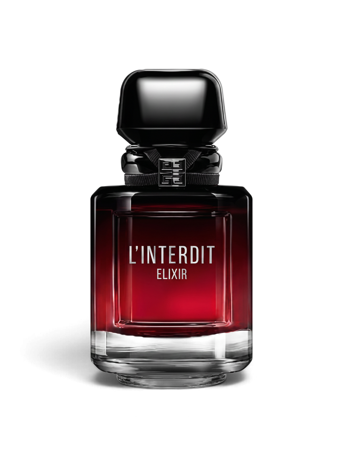 euaden Givenchy L'Interdit Elixir kadın parfümü, siyah kapaklı ve degrade kırmızı cam şişeli lüks parfüm tasarımı