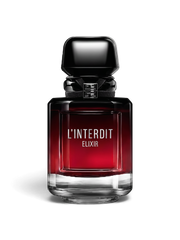 euaden Givenchy L'Interdit Elixir kadın parfümü, siyah kapaklı ve degrade kırmızı cam şişeli lüks parfüm tasarımı