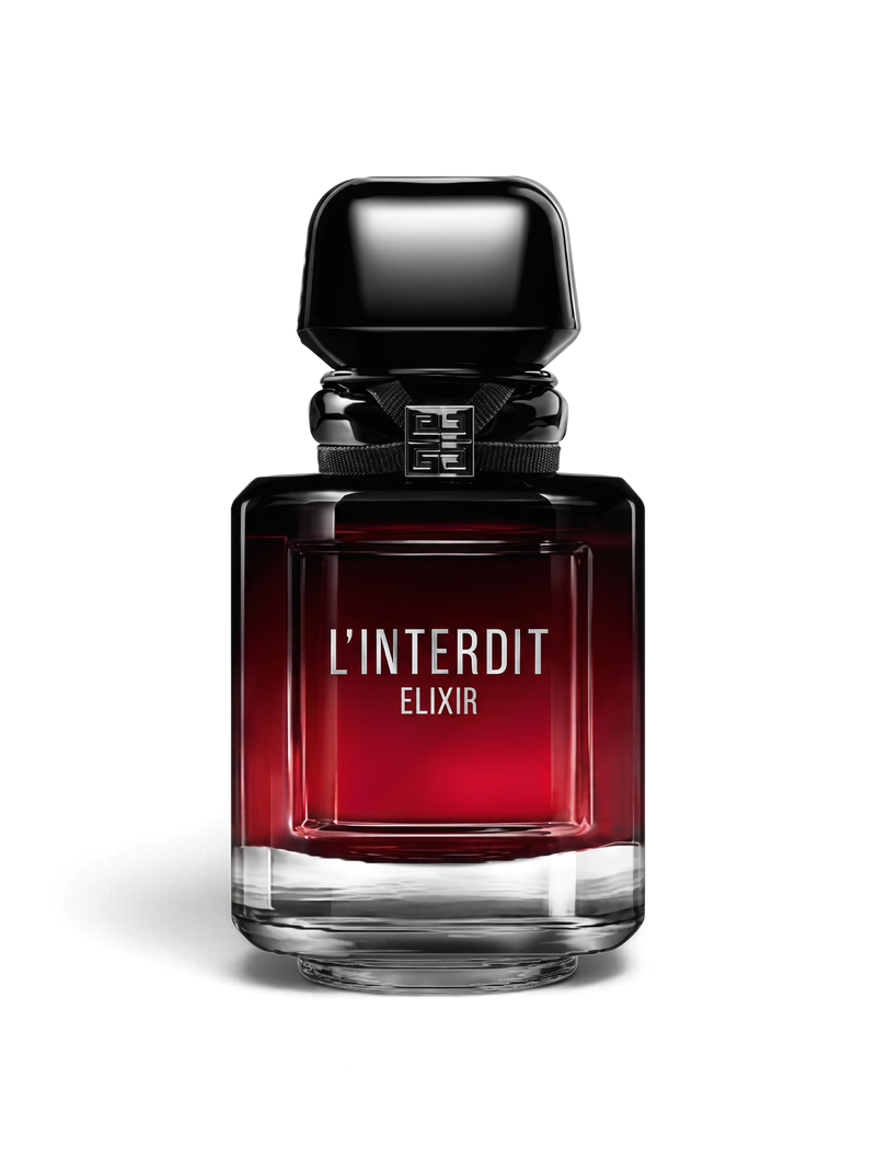 euaden Givenchy L'Interdit Elixir kadın parfümü, siyah kapaklı ve degrade kırmızı cam şişeli lüks parfüm tasarımı
