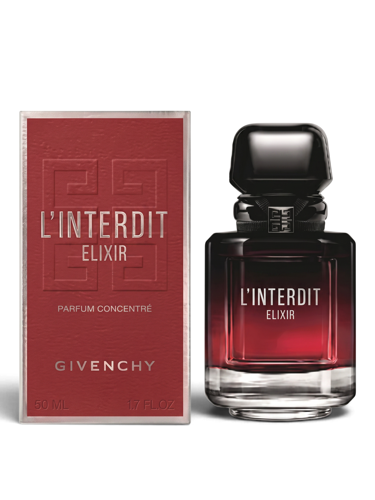 Euaden Givenchy L'Interdit Elixir kadın parfümü, 50 ml şişesi ve şık kırmızı kutusu ile zarif bir tasarım.