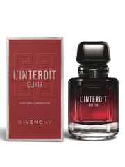 Euaden Givenchy L'Interdit Elixir kadın parfümü, 50 ml şişesi ve şık kırmızı kutusu ile zarif bir tasarım.