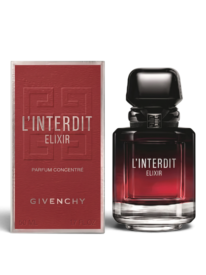 Euaden Givenchy L'Interdit Elixir kadın parfümü, 50 ml şişesi ve şık kırmızı kutusu ile zarif bir tasarım.