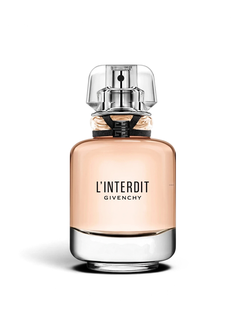 euaden Givenchy L'Interdit kadın parfümü, şeffaf cam şişesi ve ikonik siyah kurdele detayı ile 125 ml EDP