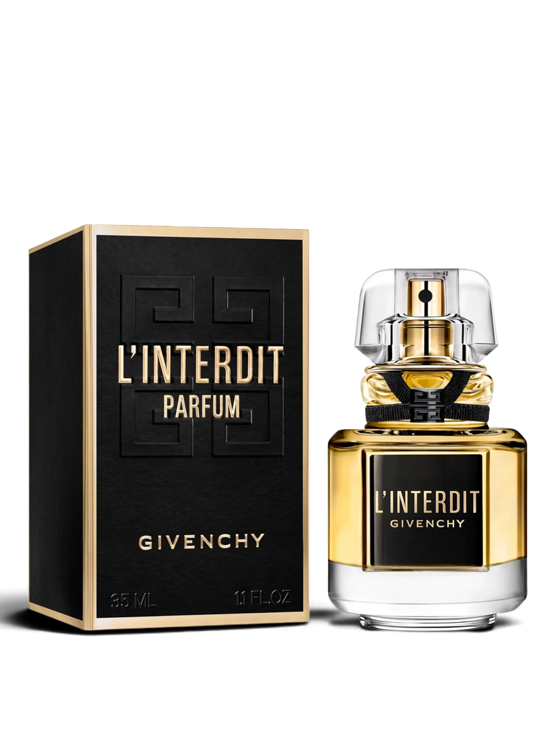 euaden Givenchy L'Interdit Parfum 80 ml kadın parfümü, siyah ve altın detaylı şık şişesi ve özel kutusu ile.