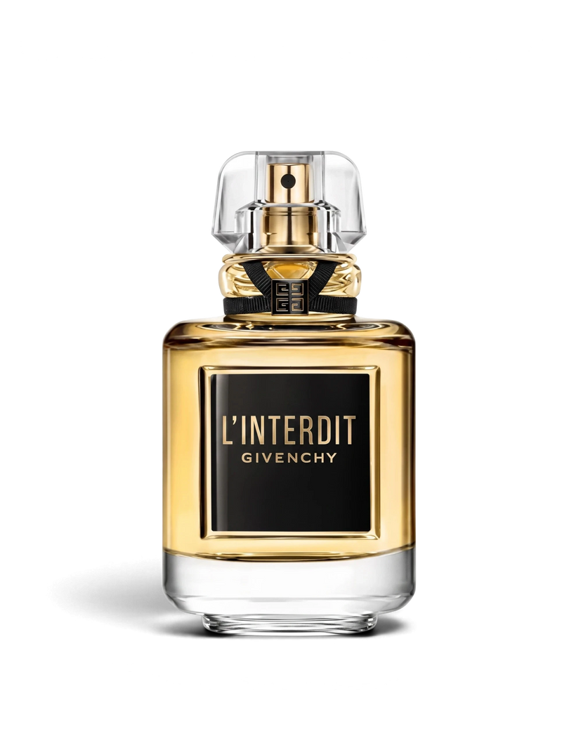 euaden Givenchy L'Interdit Parfum 80 ml kadın parfümü, altın rengi cam şişesi ve siyah detaylı zarif tasarımıyla.