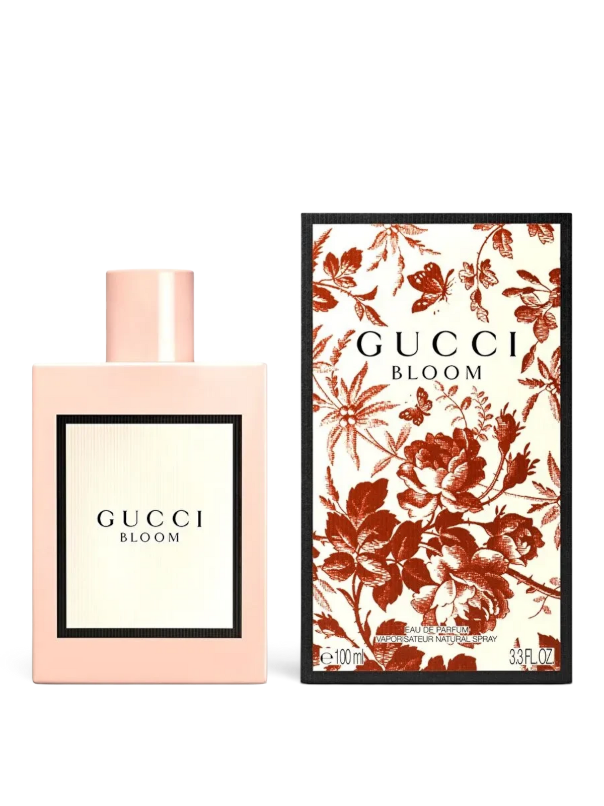 euaden Gucci Bloom 100 ml kadın parfümü, pudra pembesi şişesi ve çiçek desenli kutusuyla zarif bir sunum sergiliyor.