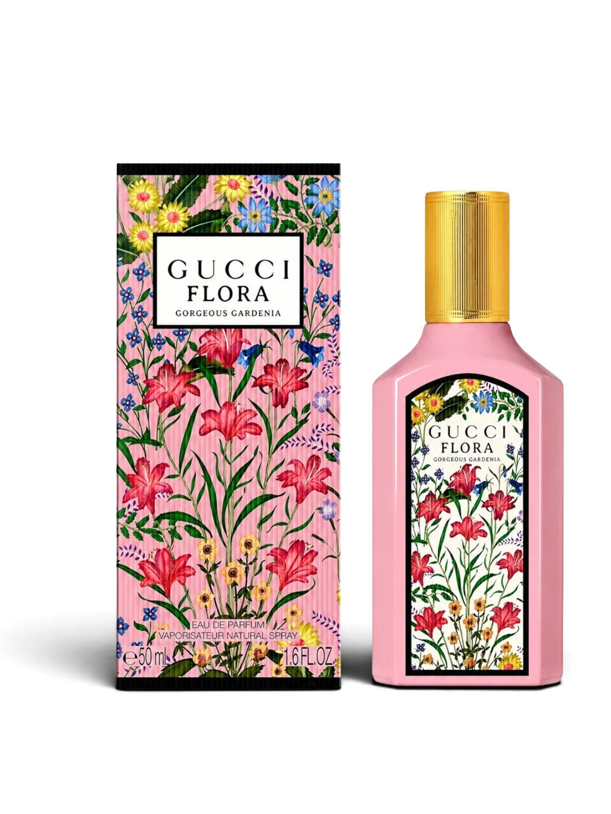 euaden Gucci Flora Gorgeous Gardenia kadın parfümü, pembe şişesi ve çiçek desenli kutusu ile zarif bir tasarım.