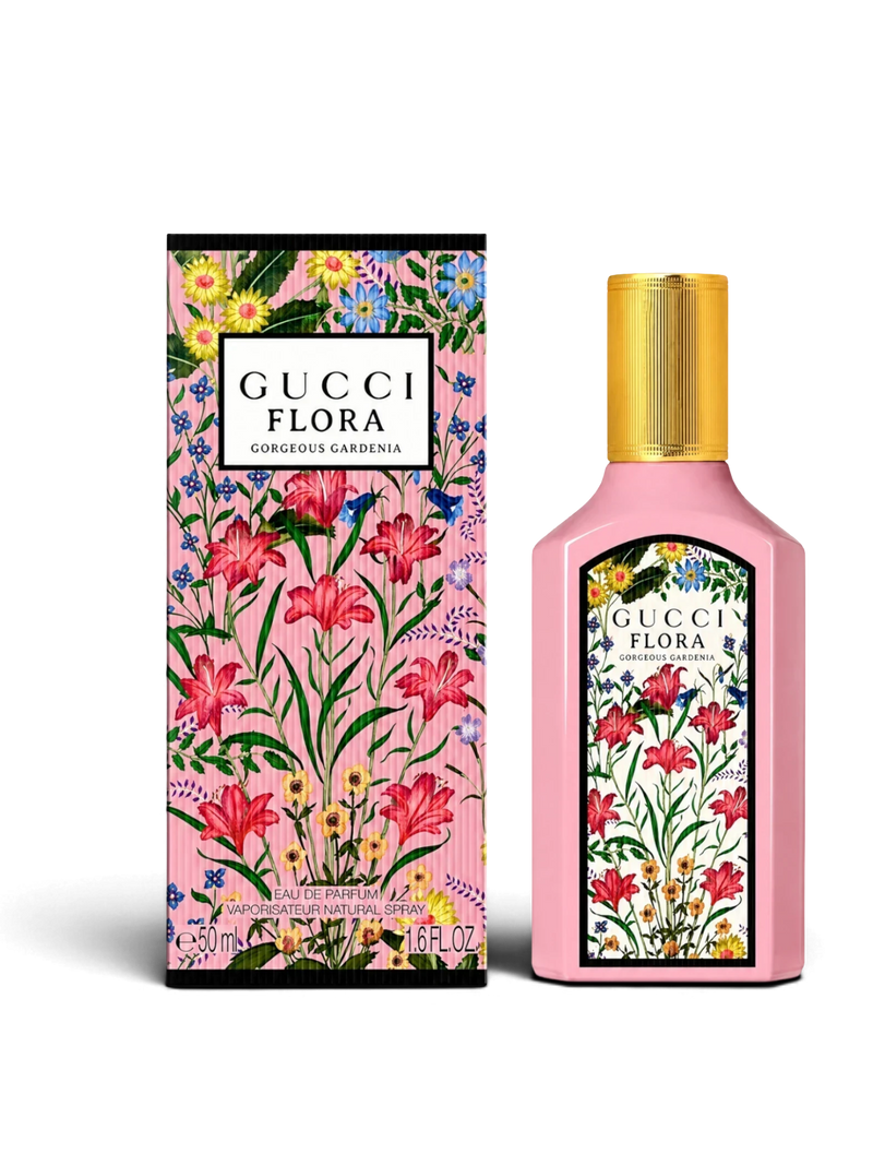 euaden Gucci Flora Gorgeous Gardenia kadın parfümü, pembe şişesi ve çiçek desenli kutusu ile zarif bir tasarım.