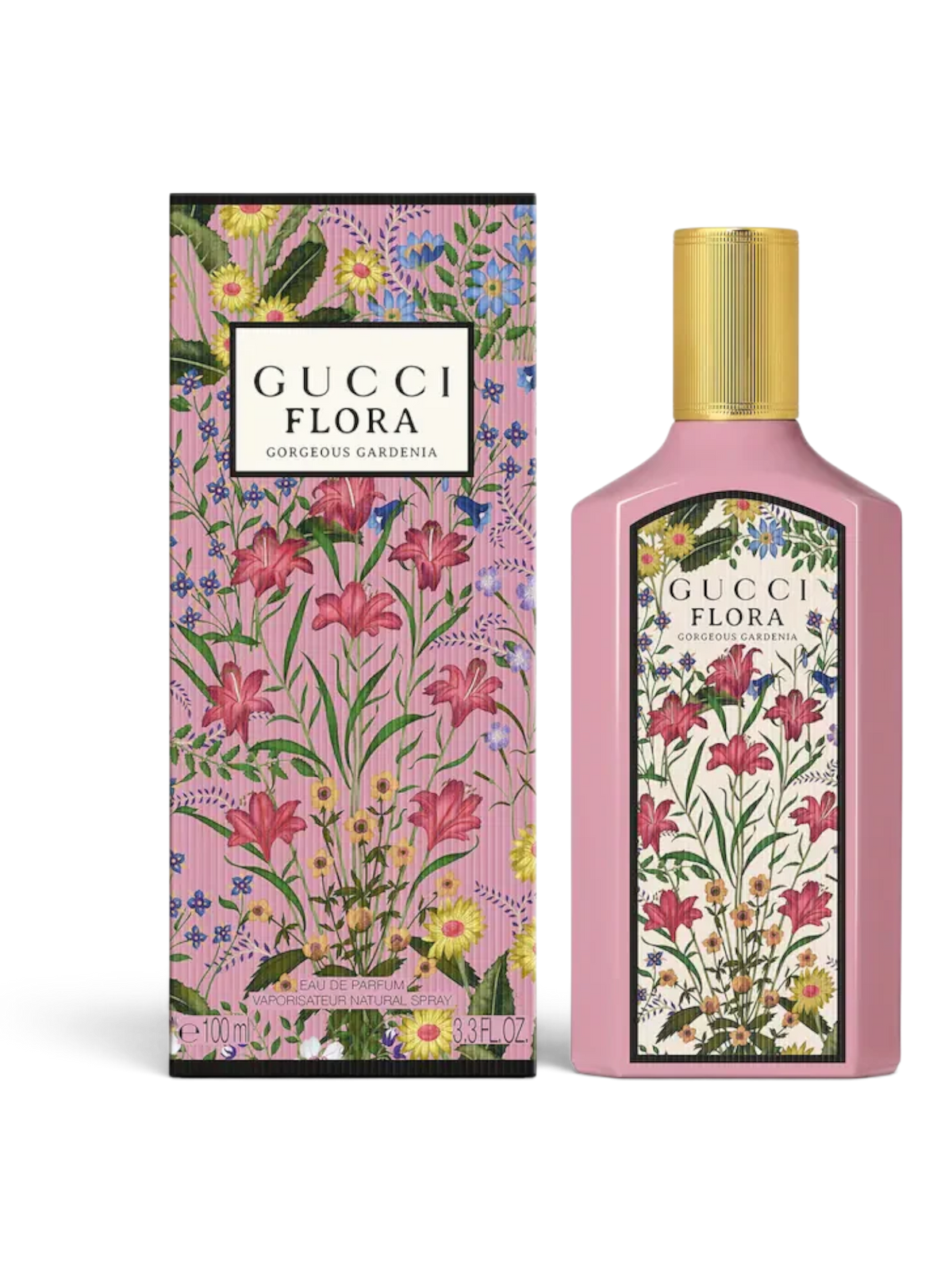 euaden Gucci Flora Gorgeous Gardenia EDP 100 ml pembe şişeli ve çiçek desenli kutulu kadın parfümü