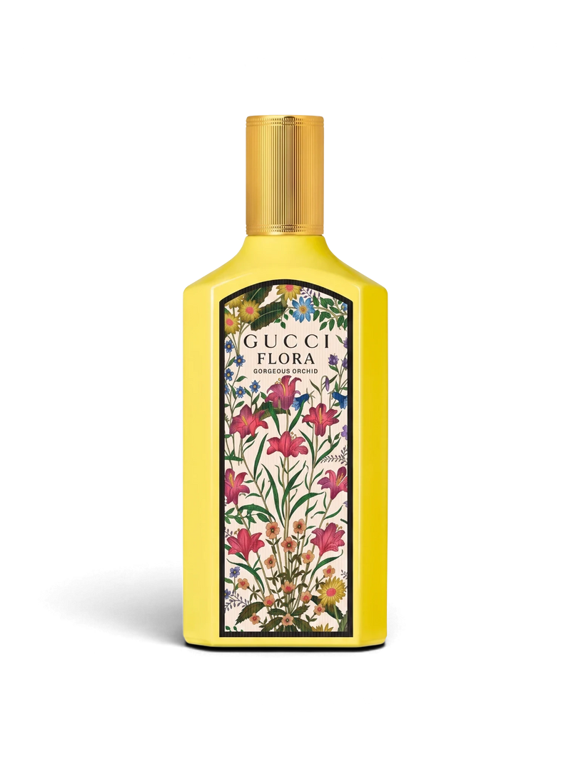euaden Gucci Flora Gorgeous Orchid kadın parfümü, üzerinde renkli çiçek desenleri bulunan parlak sarı şişe tasarımı