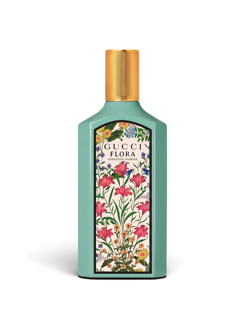 euaden Gucci Flora Gorgeous Jasmine kadın parfümü, turkuaz şişeli ve çiçek desenli zarif cam tasarım
