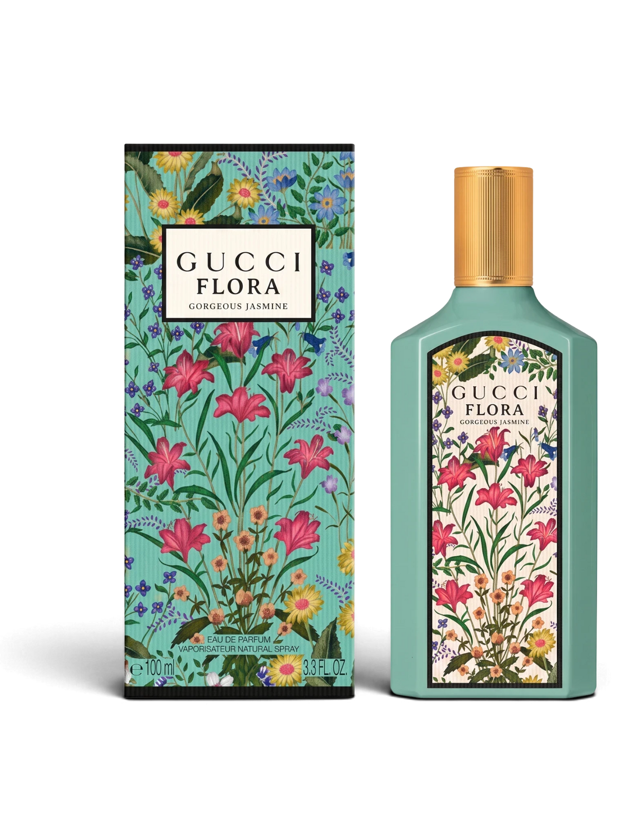 euaden Gucci Flora Gorgeous Jasmine 100 ml kadın parfümü, çiçek desenli turkuaz şişesi ve kutusu ile