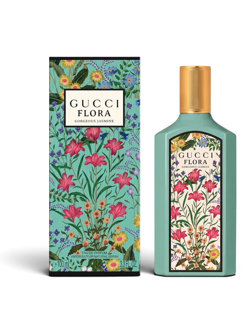 euaden Gucci Flora Gorgeous Jasmine 100 ml kadın parfümü, çiçek desenli turkuaz şişesi ve kutusu ile