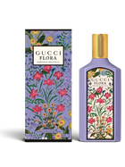 euaden GUCCI Flora Gorgeous Magnolia 100 ml kadın parfümü, eflatun şişe tasarımı ve çiçek desenli kutusu ile