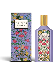euaden GUCCI Flora Gorgeous Magnolia 100 ml kadın parfümü, eflatun şişe tasarımı ve çiçek desenli kutusu ile