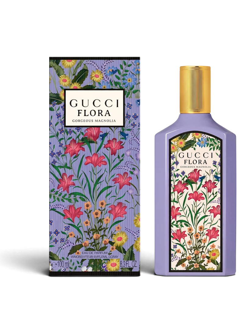 euaden GUCCI Flora Gorgeous Magnolia 100 ml kadın parfümü, eflatun şişe tasarımı ve çiçek desenli kutusu ile