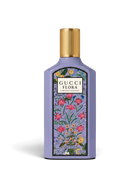 euaden Gucci Flora Gorgeous Magnolia 100 ml eflatun şişeli, çiçek desenli ve altın kapaklı kadın parfümü