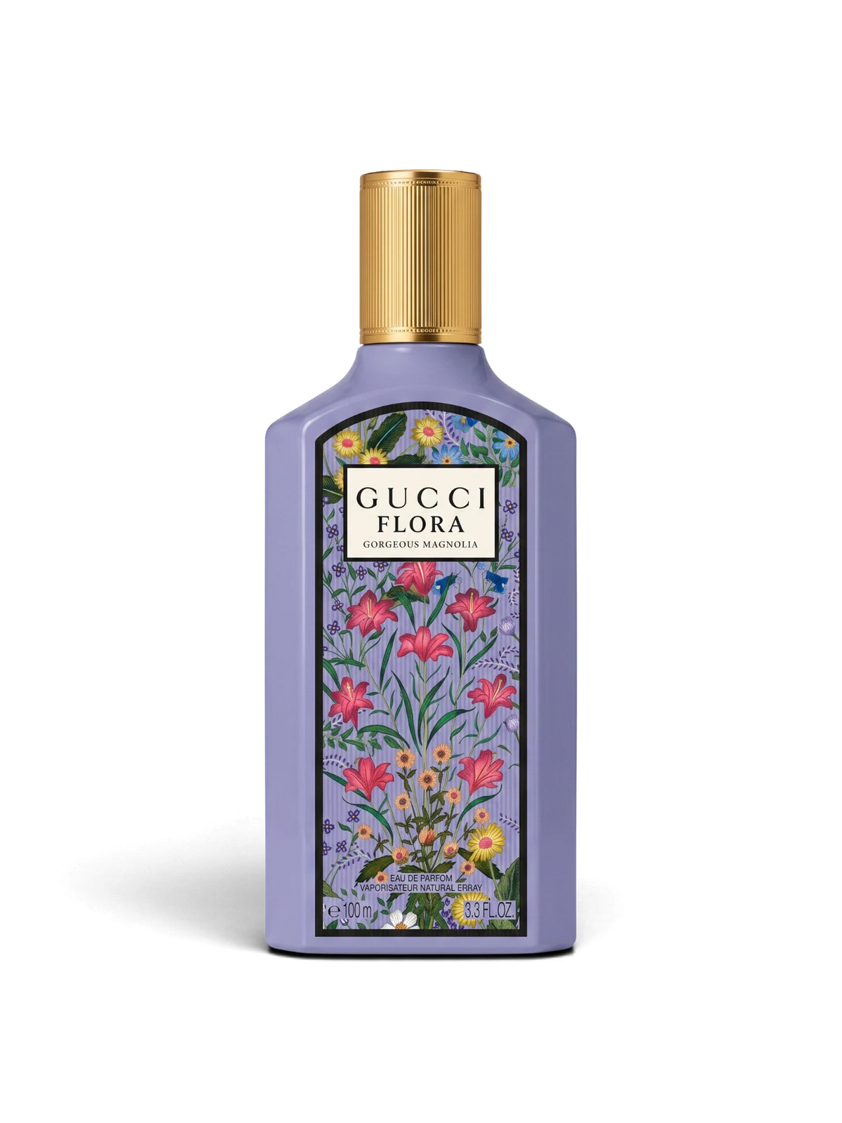 euaden Gucci Flora Gorgeous Magnolia 100 ml eflatun şişeli, çiçek desenli ve altın kapaklı kadın parfümü
