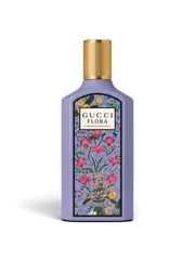 euaden Gucci Flora Gorgeous Magnolia 100 ml eflatun şişeli, çiçek desenli ve altın kapaklı kadın parfümü