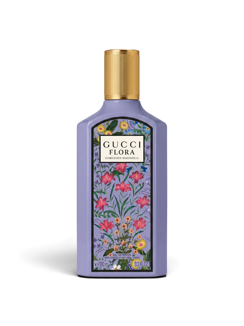 euaden Gucci Flora Gorgeous Magnolia 100 ml eflatun şişeli, çiçek desenli ve altın kapaklı kadın parfümü