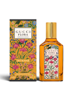 euaden Gucci Flora Gorgeous Orchid Intense kadın parfümü, sarı şişesi ve ikonik çiçek desenli kutusuyla