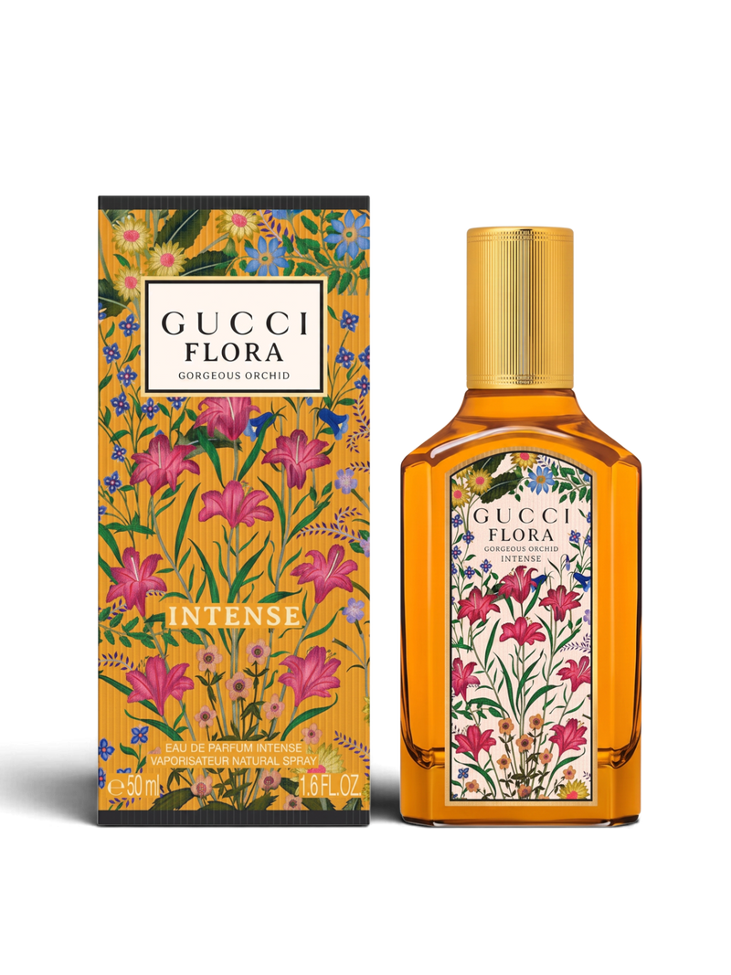 euaden Gucci Flora Gorgeous Orchid Intense kadın parfümü, sarı şişesi ve ikonik çiçek desenli kutusuyla