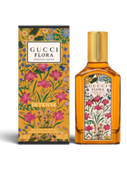 euaden Gucci Flora Gorgeous Orchid Intense kadın parfümü, sarı şişesi ve ikonik çiçek desenli kutusuyla