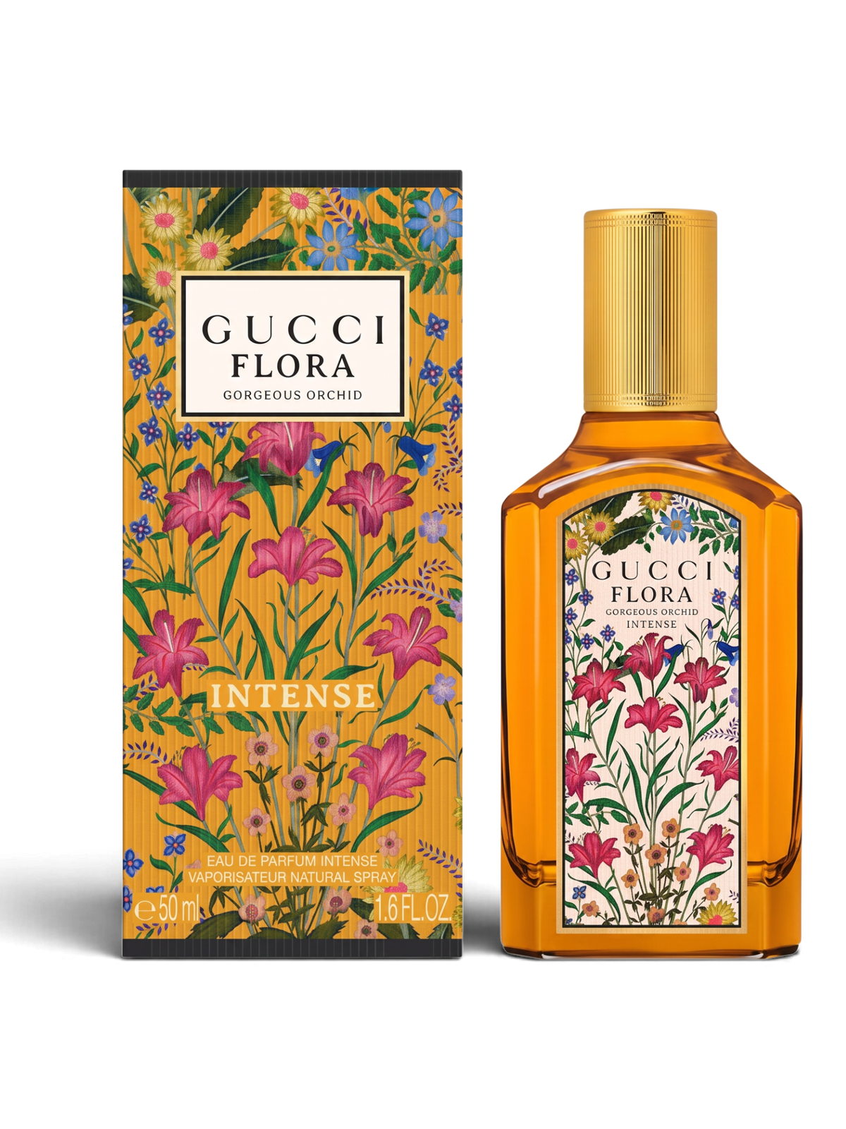 euaden Gucci Flora Gorgeous Orchid Intense kadın parfümü, sarı şişesi ve ikonik çiçek desenli kutusuyla
