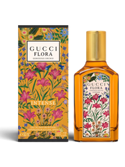 euaden Gucci Flora Gorgeous Orchid Intense kadın parfümü, sarı şişesi ve ikonik çiçek desenli kutusuyla