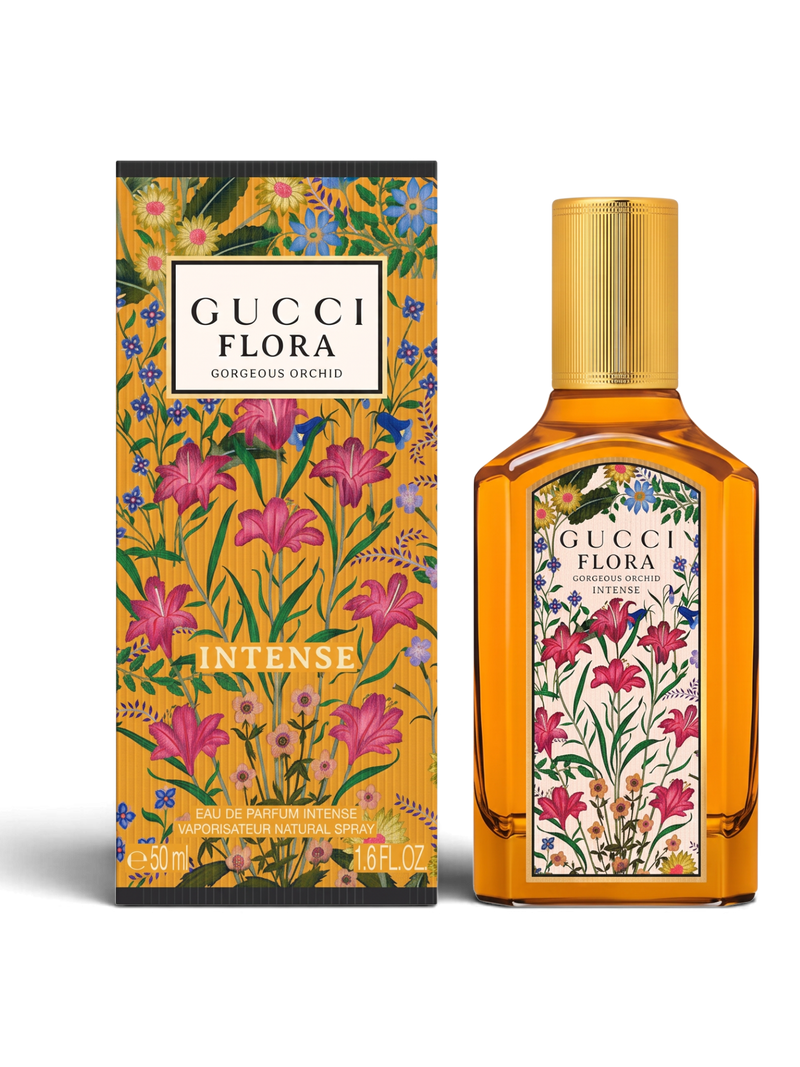 euaden Gucci Flora Gorgeous Orchid Intense kadın parfümü, sarı şişesi ve ikonik çiçek desenli kutusuyla