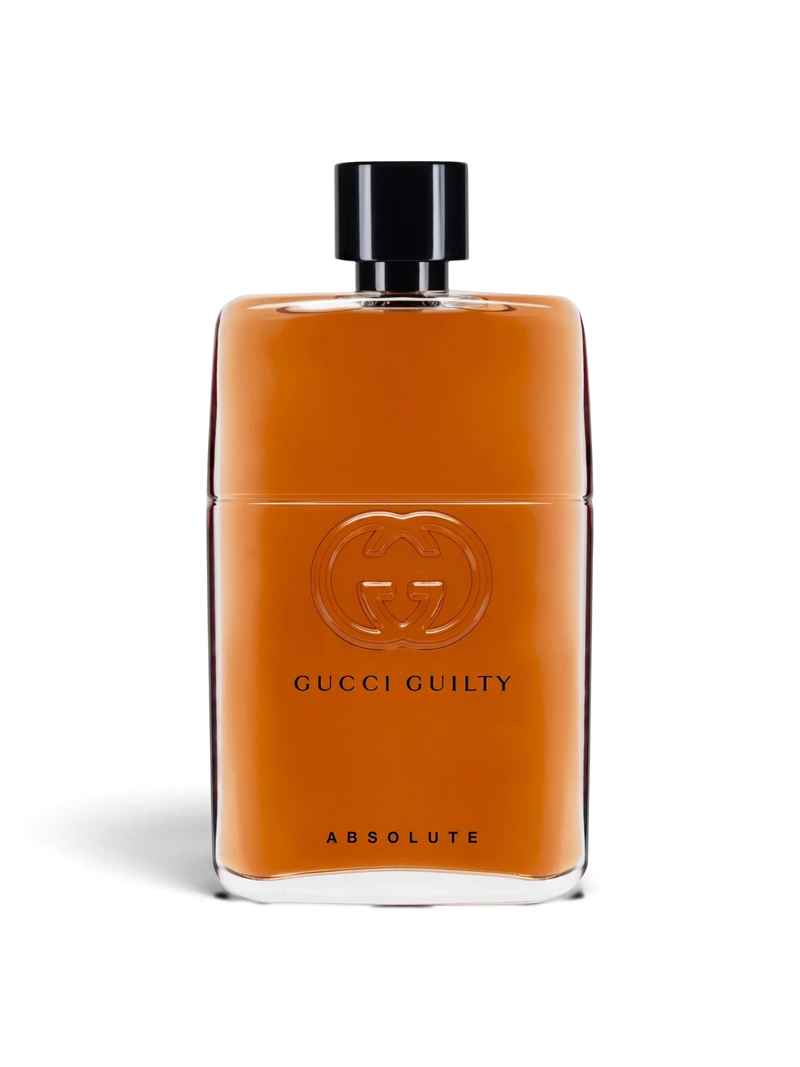 euaden Gucci Guilty Absolute Pour Homme 90 ml erkek parfümü, kehribar renkli cam şişesi ve ikonik Gucci logosu ile.