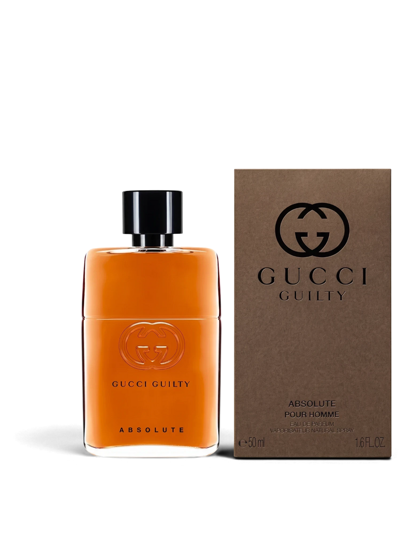 euaden Gucci Guilty Absolute Pour Homme erkek parfümü, kehribar renkli cam şişesi ve kahverengi kutusu ile