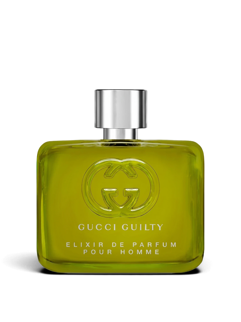 euaden Gucci Guilty Elixir de Parfum Pour Homme 60 ml erkek parfüm şişesi, yeşil cam tasarımlı ve gümüş kapaklı