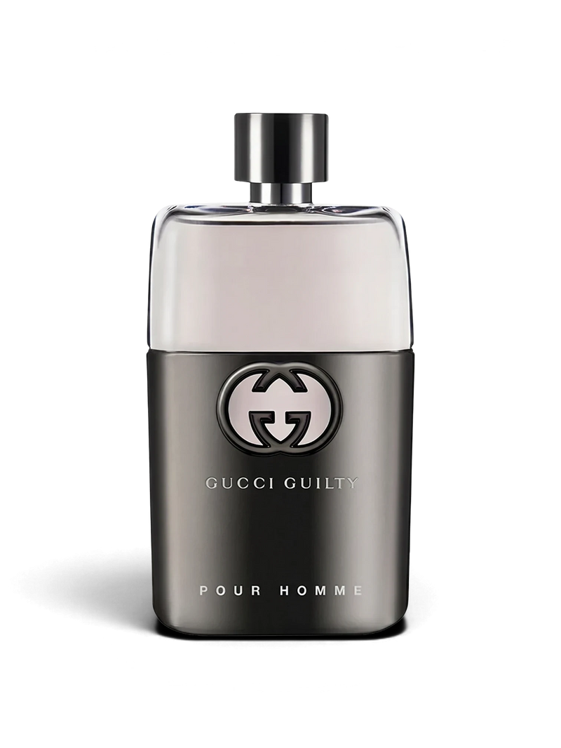 euaden Gucci Guilty Pour Homme 150 ml erkek parfümü, metalik gri ve şeffaf cam şişe tasarımıyla ikonik koku