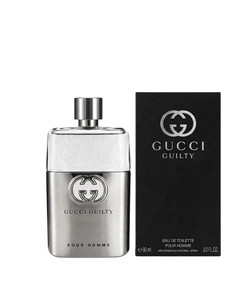 euaden Gucci Guilty Pour Homme erkek parfümü, metalik gümüş şişe tasarımı ve siyah kutusu ile modern bir görünümde.