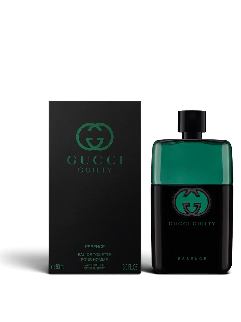euaden Gucci Guilty Essence Pour Homme erkek parfümü, yeşil ve siyah şık cam şişesi ve kutusu ile