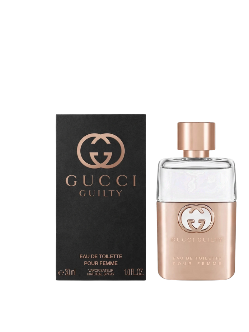 euaden Gucci Guilty Pour Femme EDT parfüm şişesi ve siyah kutusu, metalik rose gold detaylı zarif tasarım
