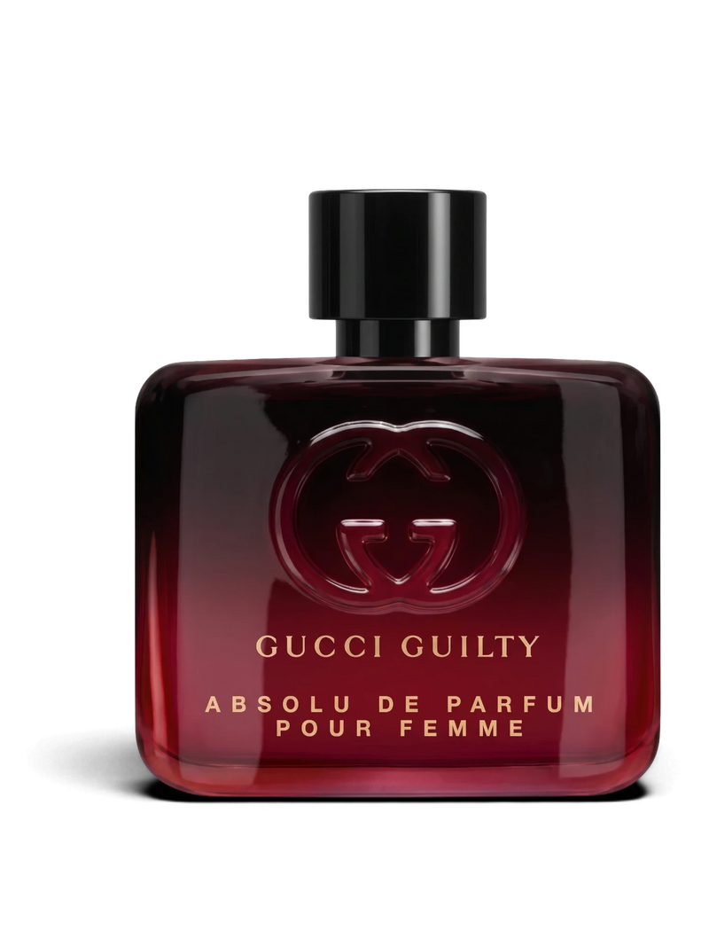 euaden Gucci Guilty Absolute Pour Femme 60 ml kadın parfümü, koyu kırmızı cam şişesi ve ikonik Gucci logosu ile