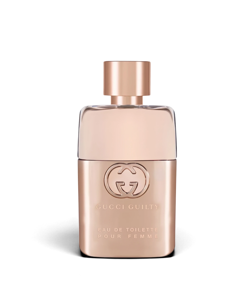 euaden Gucci Guilty Pour Femme 90 ml EDT parfüm, metalik rose gold şişe tasarımı ve ikonik Gucci logosu ile.