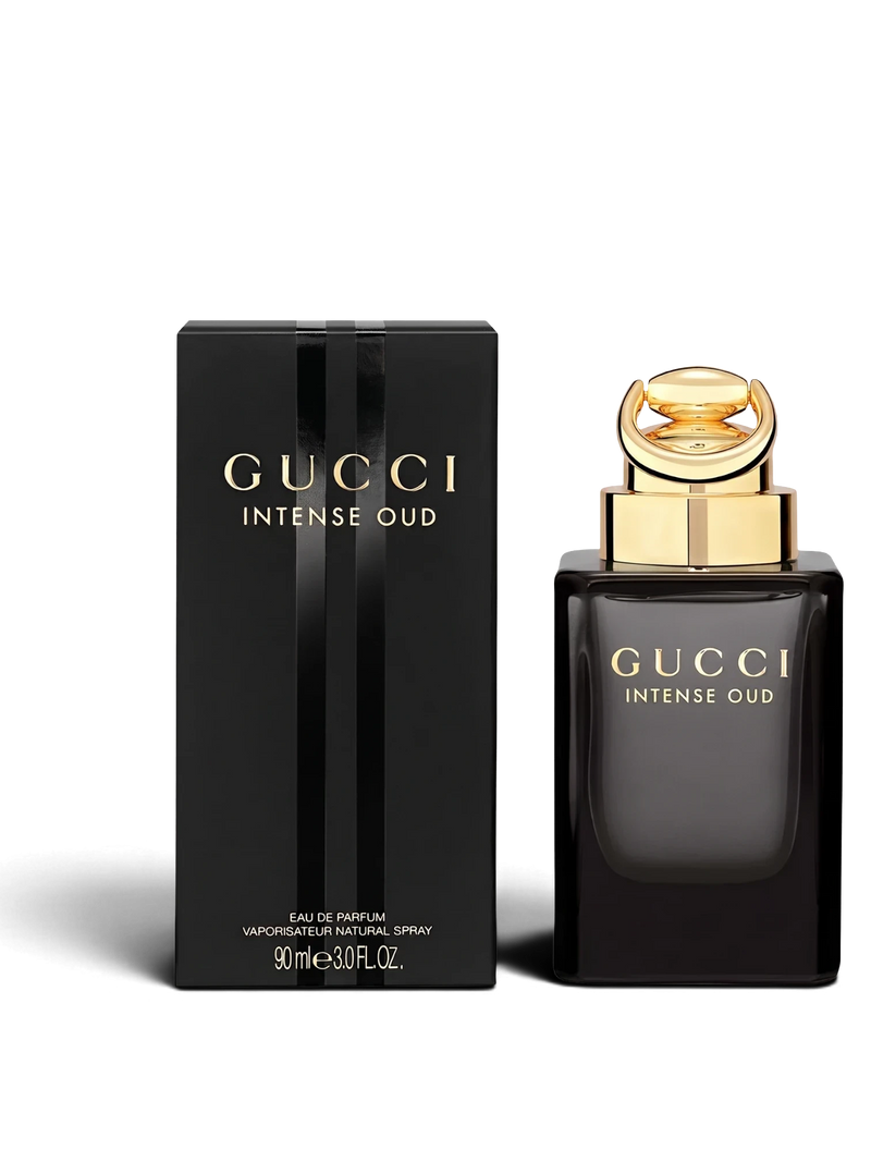 euaden Gucci Intense Oud erkek parfümü, siyah şişesi ve altın detaylı kapağı ile 90 ml kutusunda sunuluyor.