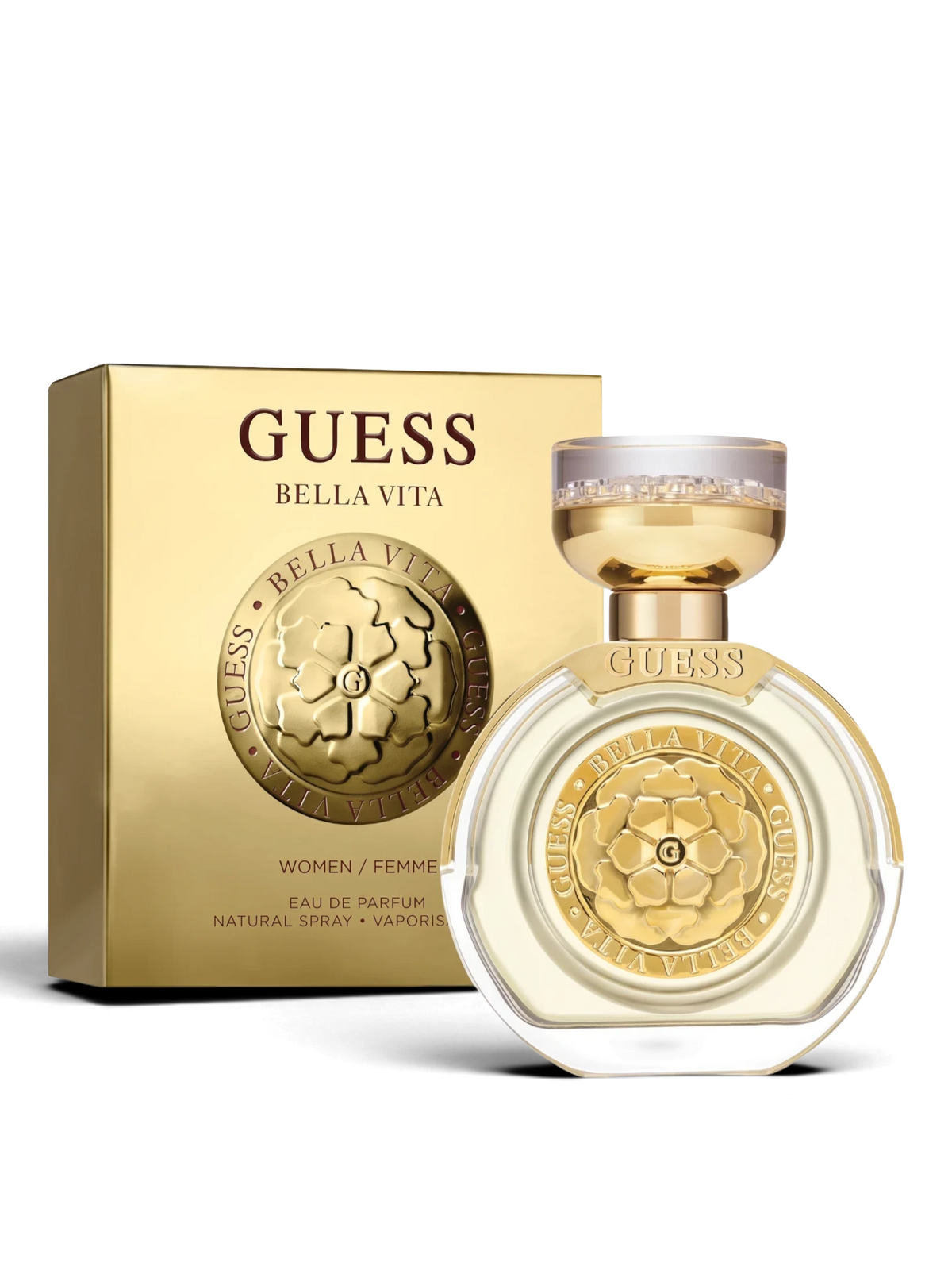 euaden GUESS Bella Vita kadın parfümü, altın detaylı şık şişesi ve özel tasarım kutusu ile 100 ml EDP