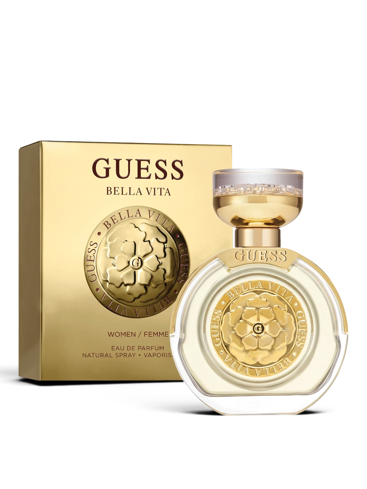 euaden GUESS Bella Vita kadın parfümü, altın detaylı şık şişesi ve özel tasarım kutusu ile 100 ml EDP