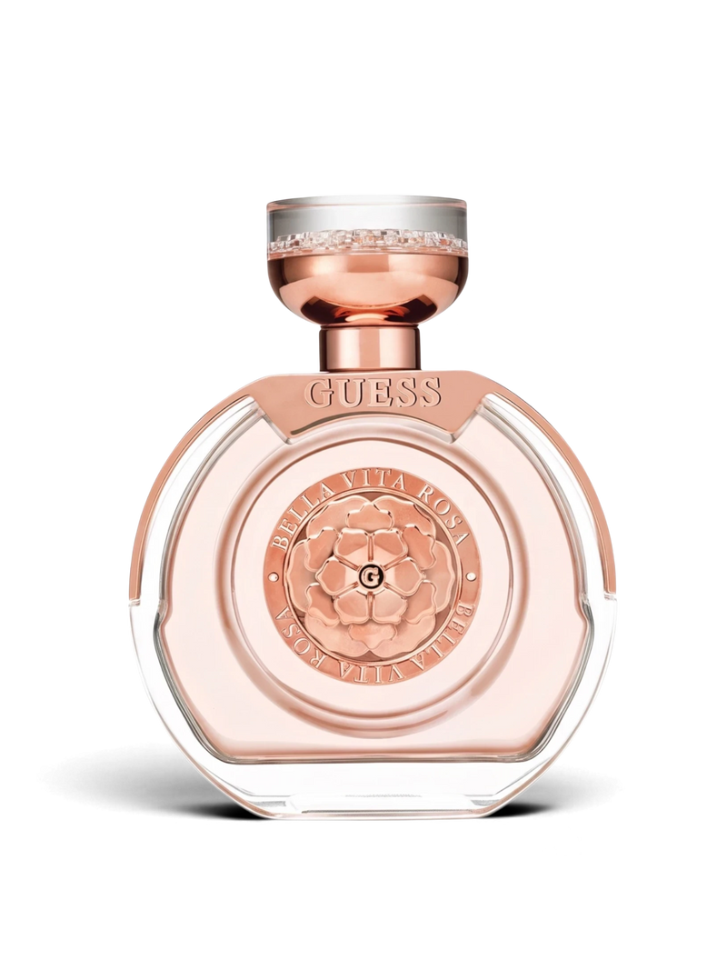 euaden GUESS Bella Vita Rosa kadın parfümü, pembe tonlu şık cam şişesi ve çiçek detaylı metalik kapağı ile.