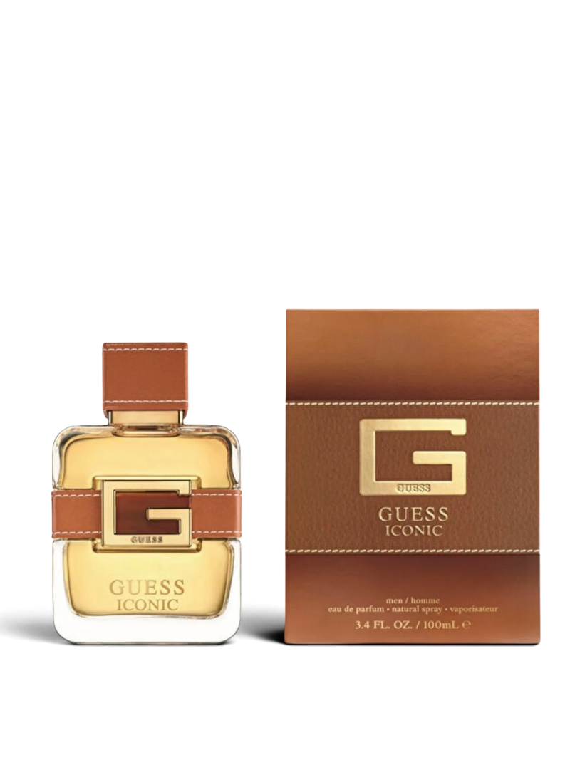 euaden GUESS Iconic Men 100 ml EDP parfüm, deri detaylı şık cam şişesi ve kahverengi kutusuyla