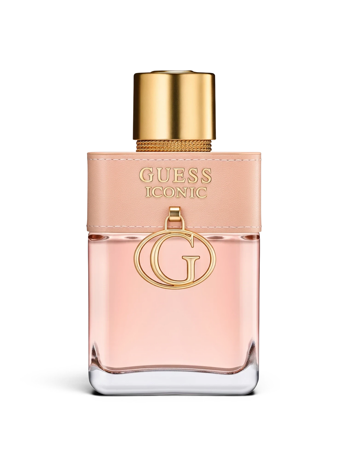 euaden GUESS Iconic Woman EDP 100 ml pembe cam şişeli, altın detaylı ve deri görünümlü kapaklı kadın parfümü