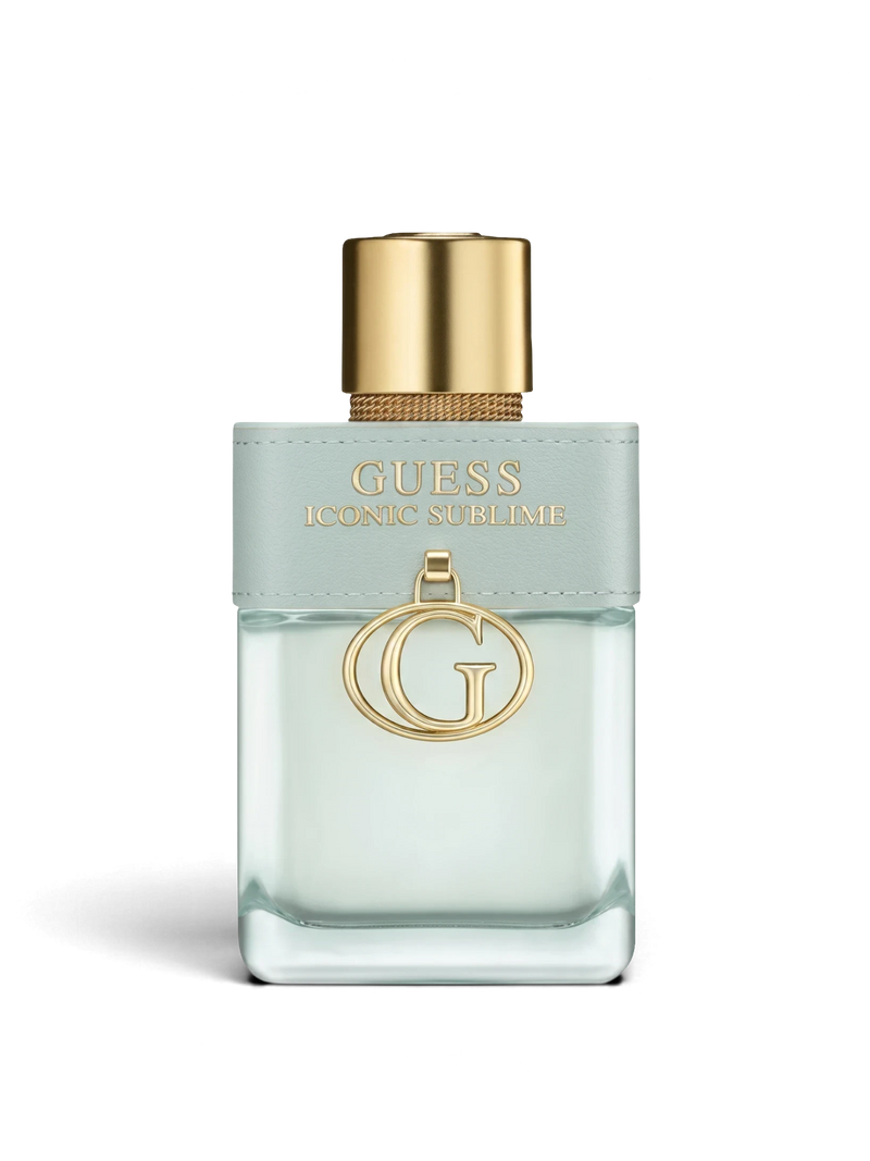 euaden GUESS Iconic Sublime kadın parfümü, altın kapaklı ve deri detaylı şık cam şişe tasarımı