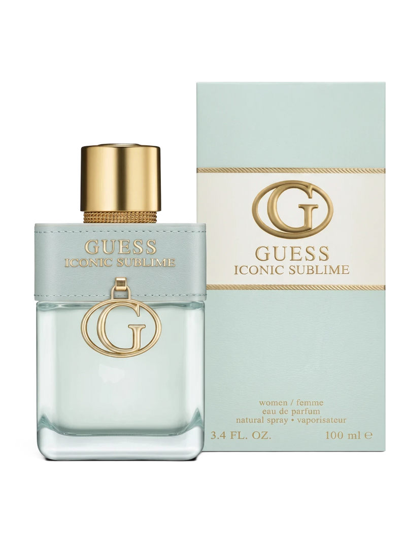 euaden GUESS Iconic Sublime kadın parfümü, altın detaylı pastel mavi şişe ve uyumlu kutusu ile zarif bir tasarım.