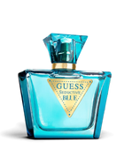 euaden GUESS Seductive Blue Femme 75 ml kadın parfümü, şık mavi cam şişesi ve altın detaylı üçgen logosu ile.